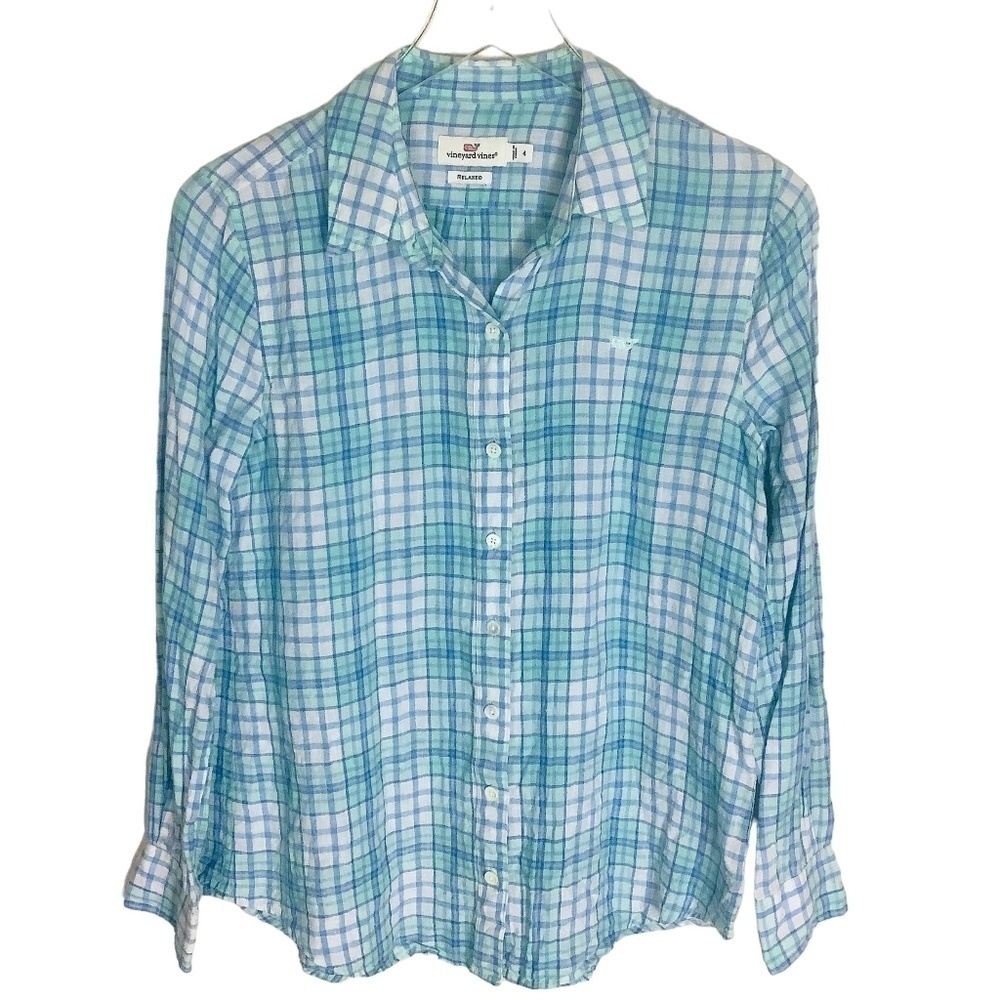 Vineyard Vines Women's Linen Relaxed Checks Button Down Shirt Size 4 - Picture 5 of 13